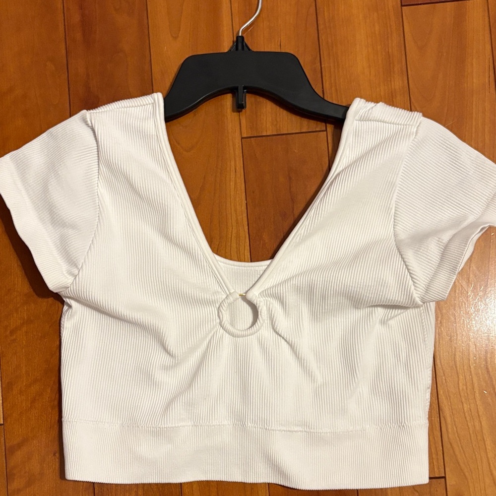 Aerie White Ribbed Crop Top with Ring Detail